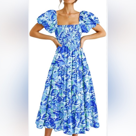 PRETTYGARDEN Womens Summer Puffy Short Sleeve Square Neck Smocked Tiered Ruffle - Picture 2 of 15